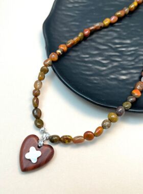 复古项链爱心血檀木搭配随形天然石项链手链耳钩套装原创设计优雅