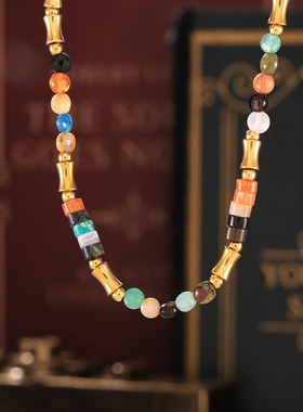 波西米亚多巴胺彩色天然石串珠项链跨境简约百搭不锈钢锁骨颈链