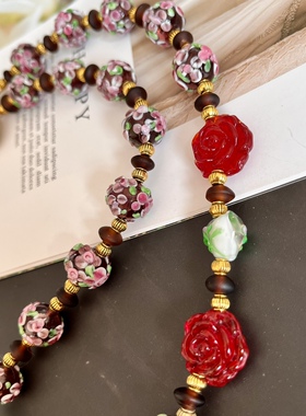 复古花朵琉璃项链 穆拉诺琉璃项链配红花 青岛中古项链外贸饰品