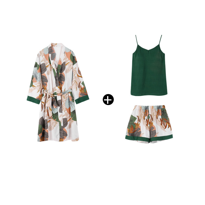 冰丝夏季带胸垫长袖仿真丝绸睡袍 冷画睡衣/家居服套装