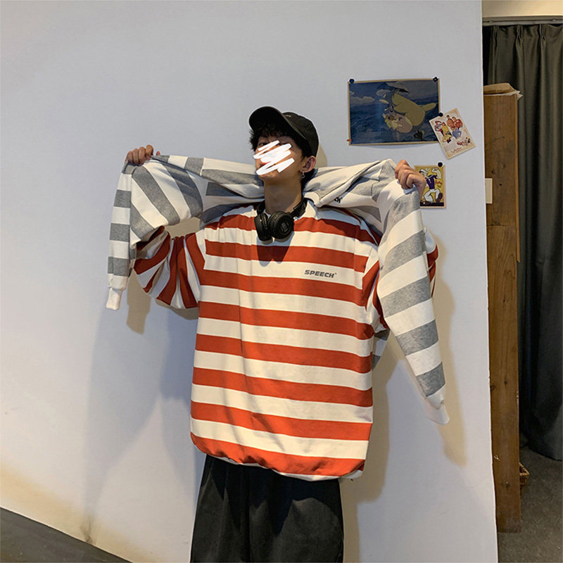 条纹套头男港风韩版潮流宽松卫衣 vhs卫衣