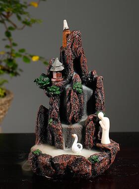 静尘树脂高山流水仙鹤香薰炉创意山水倒流烟香炉家居饰品摆件