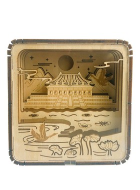 故宫月色木雕灯DIY立体小夜灯木质拼插摆件卧室小夜灯3D光影定制