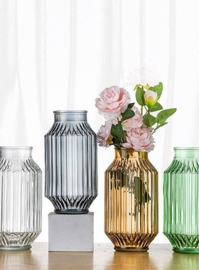 客厅摆件插花水培富贵竹满天星干花欧式竖棱折纸透明玻璃花瓶定制