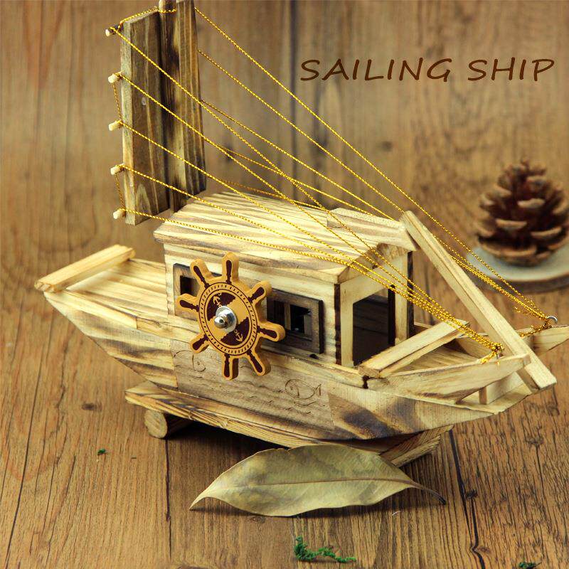 木质一帆风顺木船创意桌面八音盒 御坭斯工艺船