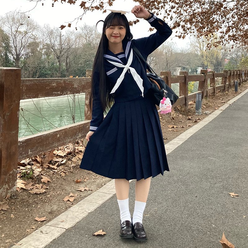 日系基础款水手服学院风jk制服套装绀色三本中间服上衣长短袖-图0