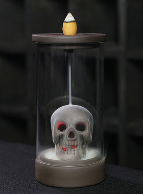 跨境紫砂倒流香炉 创意防风LED灯罩骷髅头家居摆件万圣节倒流香炉