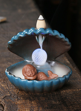 原创陶瓷工艺品家居摆件ebay 创意欧式贝壳美人鱼LED灯倒流香薰炉