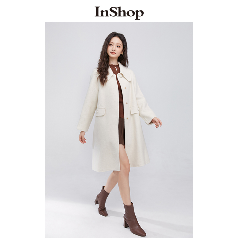 【商场同款】INSHOP新款温柔毛呢外套女俏皮减龄娃娃领呢大衣 - 图1