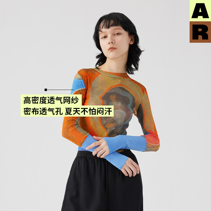 AR原创古典涂鸦印花网纱打底衫女春夏2024新款复古上衣a线设计线 - 图1