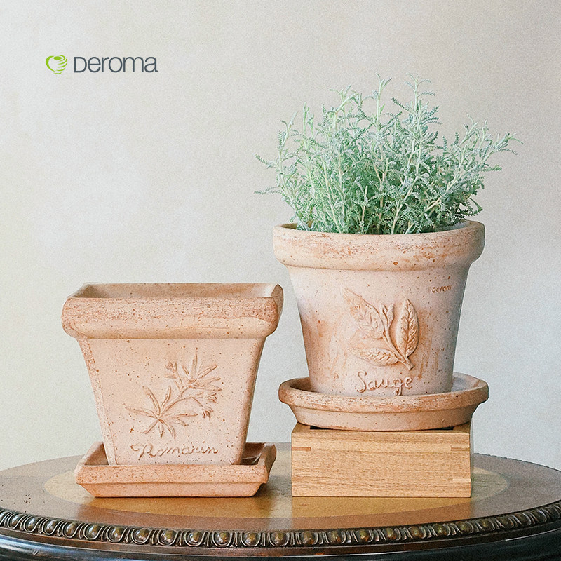 deroma帝罗马香草浮雕手工陶土盆粗陶手工桌面阳台复古北欧风多肉,淘宝优惠券,粉丝福利购,淘宝优惠卷