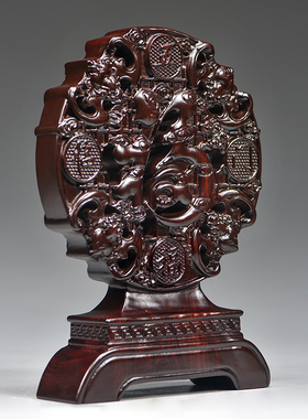 黑檀木雕福字摆件五福临门创意客厅家居电视柜红木工艺品桌面摆设