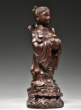 黑檀实木雕刻金童玉女摆件善财童子龙女家居客厅供奉佛像结婚送礼