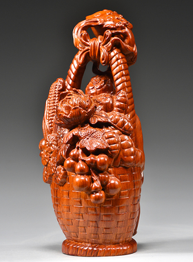 花梨木雕花篮大丰收摆件