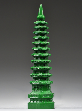 绿色木质雕刻11层文昌塔摆件
