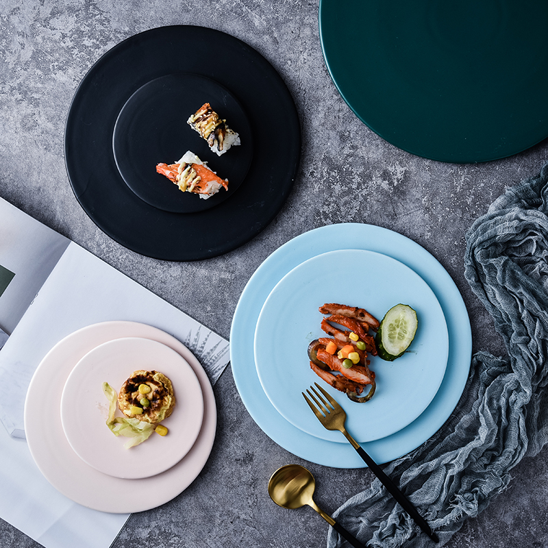 哑光陶瓷圆盘平板托盘创意牛排盘蛋糕盘点心盘寿司盘马卡龙色餐盘