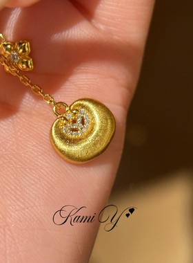 新中式金色拉丝小胖墩吊坠项链