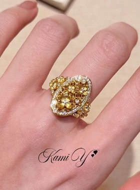 新中式立体拉丝金桂花闪钻戒指女