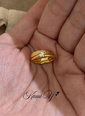 中古金色拉丝素圈女大气叠戴尾戒