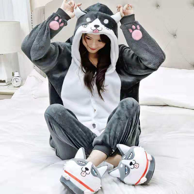 恐龙卡通哈士奇连体珊瑚绒动漫睡衣 媛目睡衣/家居服套装