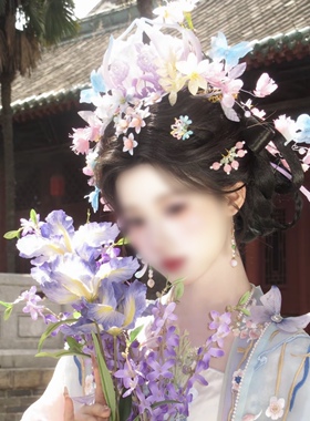 宋制冠紫色甜美花神簪花花冠全套