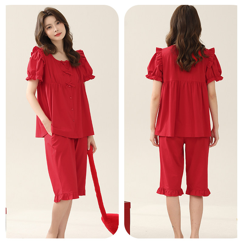 睡衣女夏季红色纯棉短袖七分裤2025年新款宽松薄款丝光棉套装结婚,淘宝优惠券,粉丝福利购,淘宝优惠卷