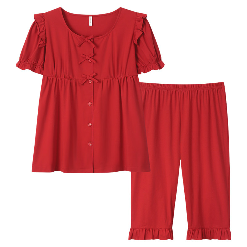 睡衣女夏季红色纯棉短袖七分裤2025年新款宽松薄款丝光棉套装结婚,淘宝优惠券,粉丝福利购,淘宝优惠卷