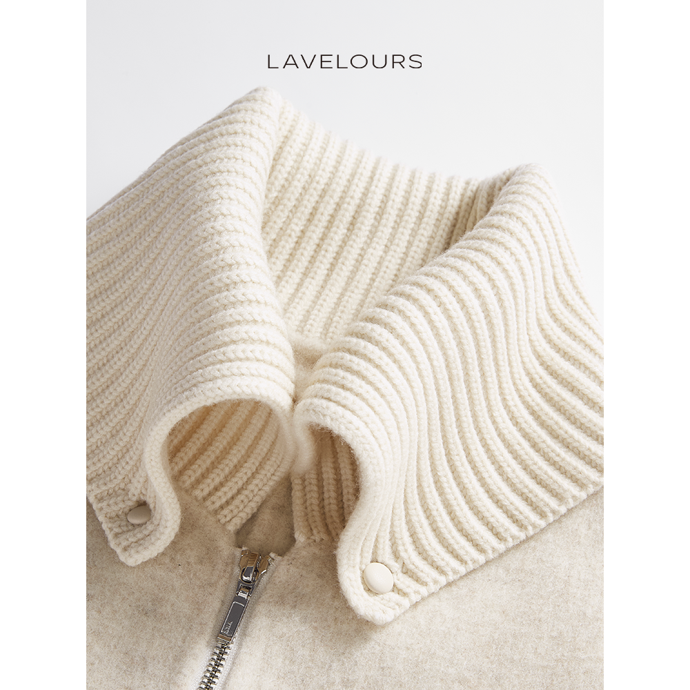 LAVELOURS 高支澳毛山羊绒混纺大衣 针织领长款拉链双面呢大衣 - 图2