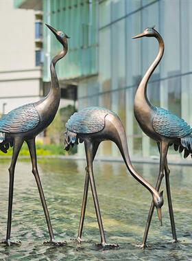 中式彷铜仙鹤雕塑摆件水池现代庭院园林景观装饰品大型玻璃钢模型