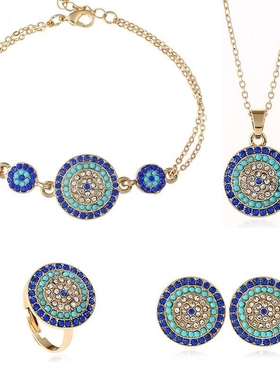 韩版年新款饰品恶魔之眼项链耳环四件套圆形土耳其蓝眼睛首饰套装