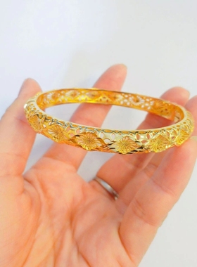越南沙金手镯古法传承凤尾镂空手镯菱形花朵镯子黄铜镀金婚庆手环