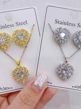 跨境爆款2024年镶钻项链耳环套装欧美简约百搭锁骨链工厂直批