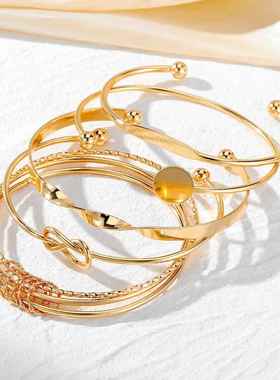 欧美跨境复古简约链条手链 时尚混搭开口手镯手饰叠戴风组合