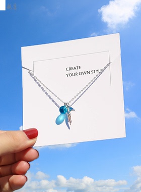 S纯银人鱼尾泡沫项链女清新森系梦幻蓝色水晶吊坠人鱼泪锁骨链
