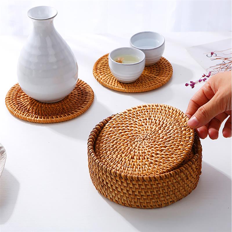 1pc Round Natural Rattan Coasters Bowl Pad Handmade Insulati - 图0