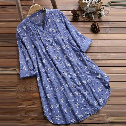 Plus Size Floral Print Blouse Women Summer V Neck Beach Dres - 图1