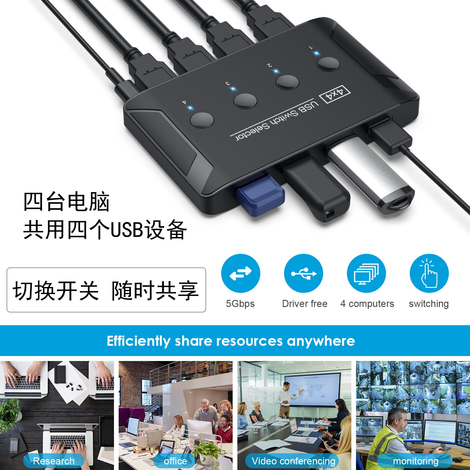 NFHK USB2.0 切换器 4进4出4口 USB键盘鼠标共享打印机切换器配件