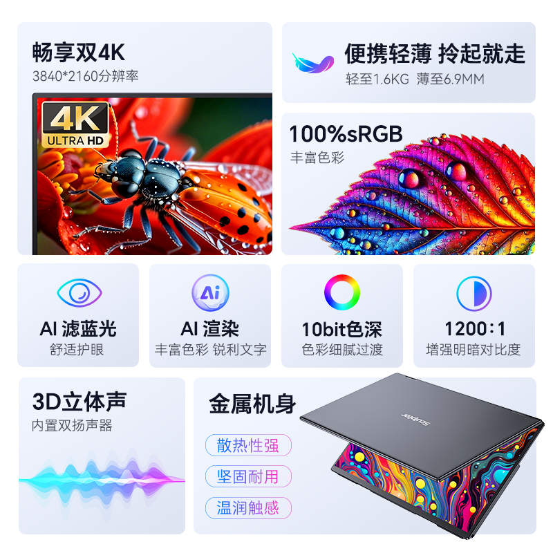 雕塑家可折叠双屏便携式显示器15.6英寸4K笔记本电脑办公扩展屏 - 图0