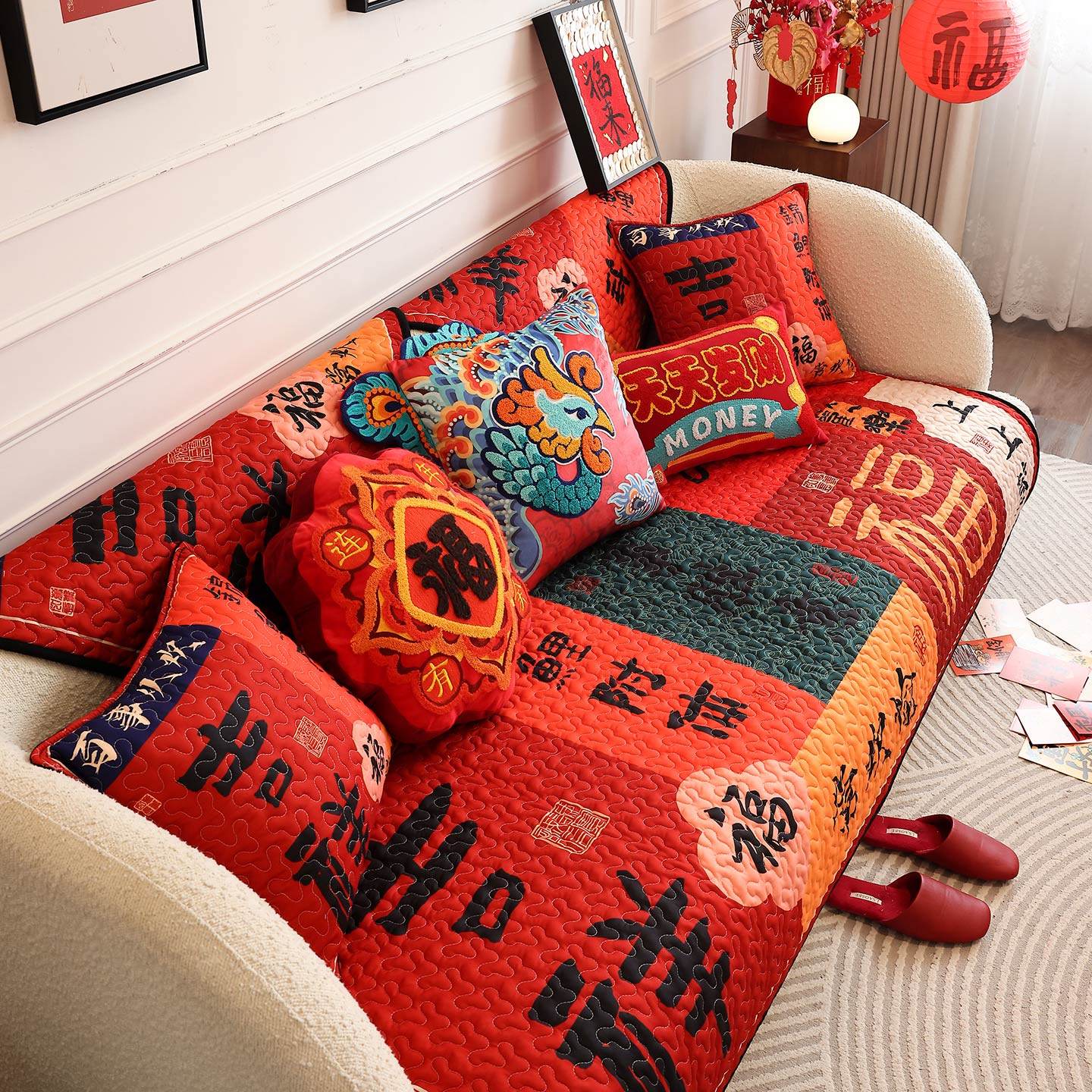 枕西湖红色沙发垫新年喜庆春节沙发套罩四季防滑客厅布置高档盖布,淘宝优惠券,粉丝福利购,淘宝优惠卷
