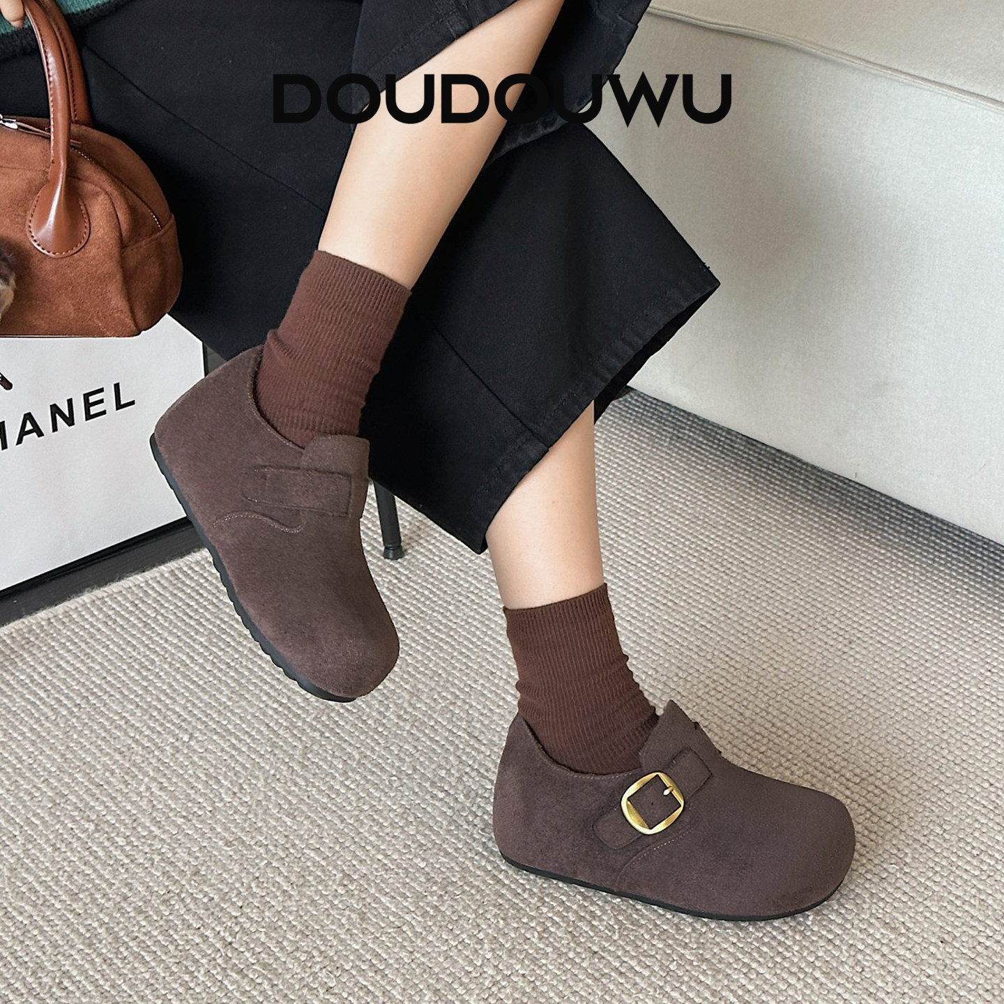 豆豆屋厚底勃肯鞋女加绒2025冬季新款韩版潮一脚蹬休闲平底保暖鞋,淘宝优惠券,粉丝福利购,淘宝优惠卷