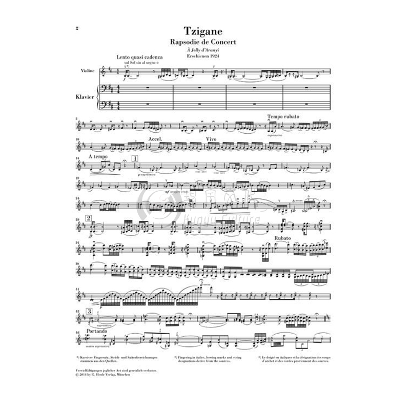 拉威尔茨冈狂想曲小提琴和钢琴亨乐原版乐谱书 Maurice Ravel Tzigane for Violin and Piano HN587-图1