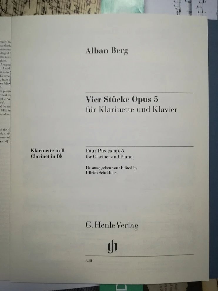 贝尔格 单簧管小品 四首 op5 附钢琴伴奏 亨乐原版乐谱书 Alban Berg Four Pieces for Clarinet and Piano HN820 - 图1