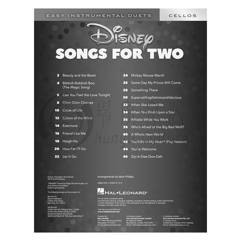 迪士尼二重奏 23首热门歌曲 两把大提琴 海伦德乐谱书 various Disney 23 Disney Favourites for 2 Cellos HL00284649 - 图2