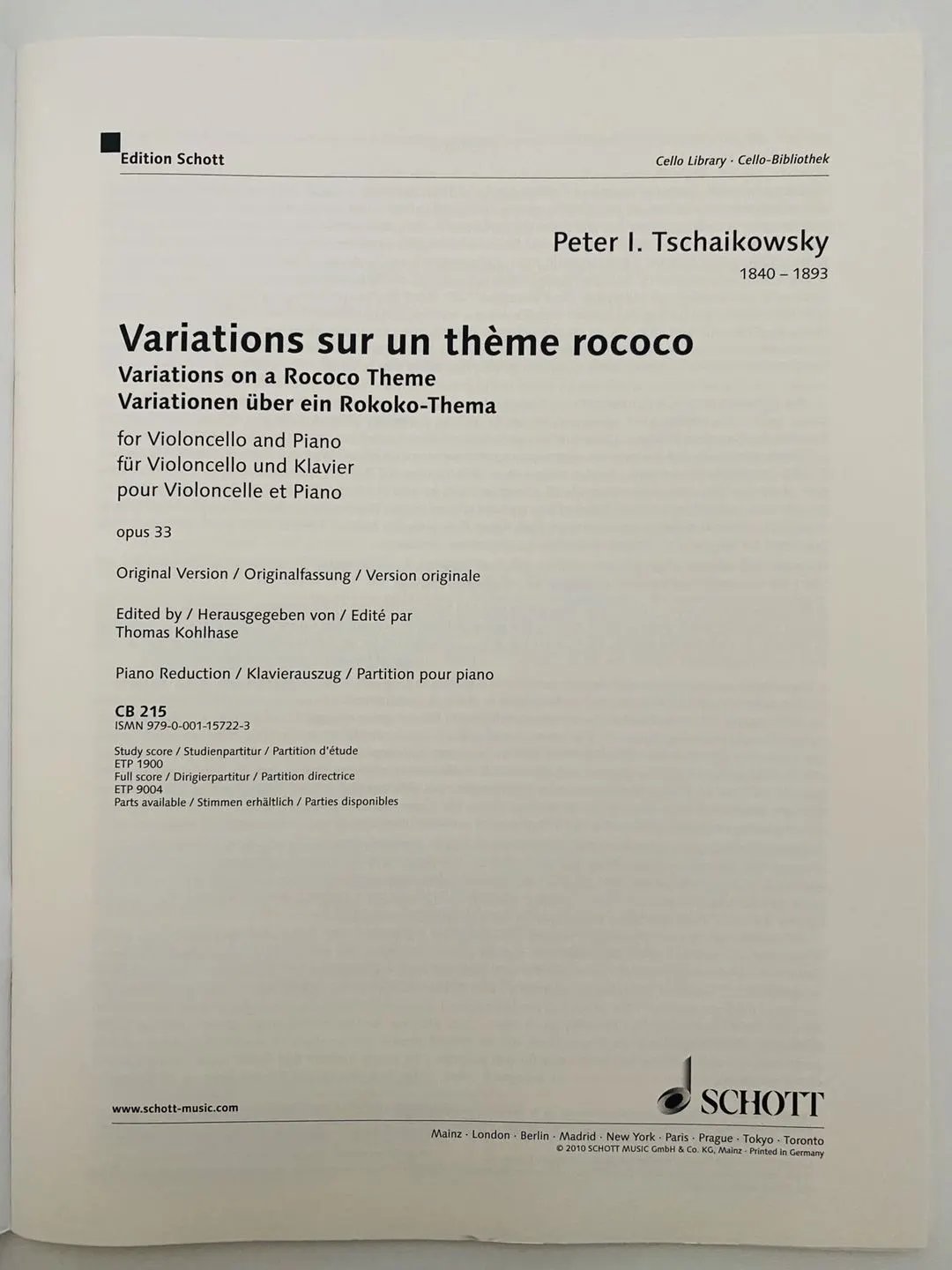 柴可夫斯基大提琴洛可可主题变奏曲 Op33原始版附钢伴朔特原版乐谱书 Tchaikovsky Variations on a Rococo Theme CB215-图2