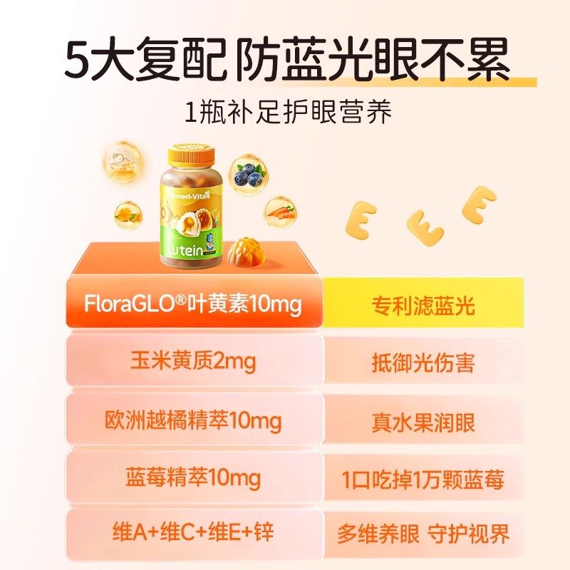 亚美唯他AmeriVita叶黄素软糖 青儿童少年学生成人护眼4瓶装,淘宝优惠券,粉丝福利购,淘宝优惠卷