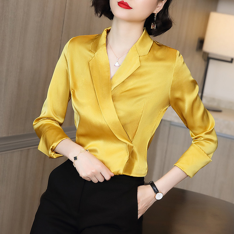 whmk /午后摩卡缎面女西装领女衬衣 午后摩卡衬衫