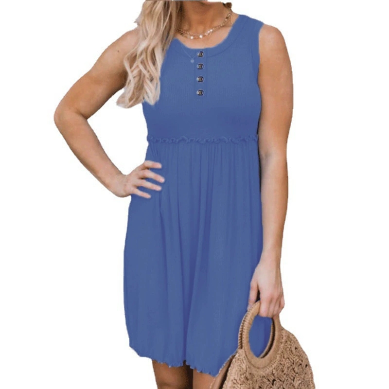 Solid color fashion round neck button sleeveless dress纯色女 - 图0