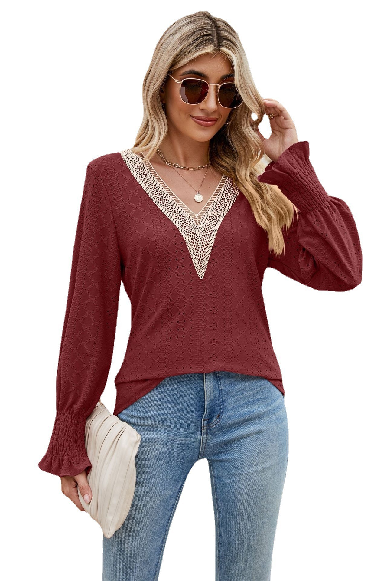 New solid color lace v-neck long sleeve loose T-shirt shirt - 图2