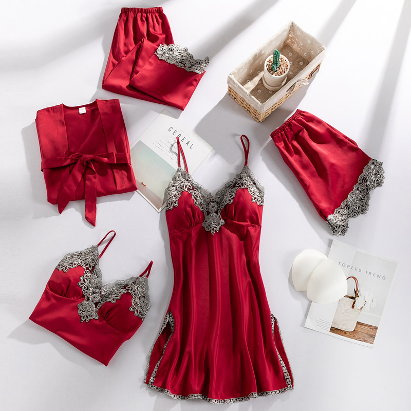 新款夏季性感五件套冰丝绸吊带睡裙 贝心适睡衣/家居服套装