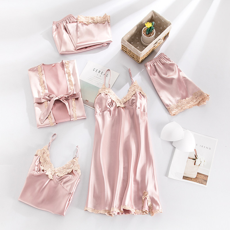 性感春秋季冰丝五件套吊带仿真睡裙 贝心适睡衣/家居服套装